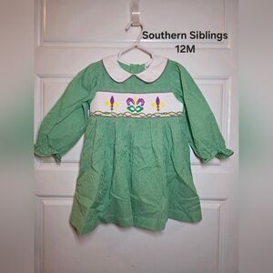 Smocked Mardi Gras Dress With Fleur De Lis And Mask, Parade Dress For Girls